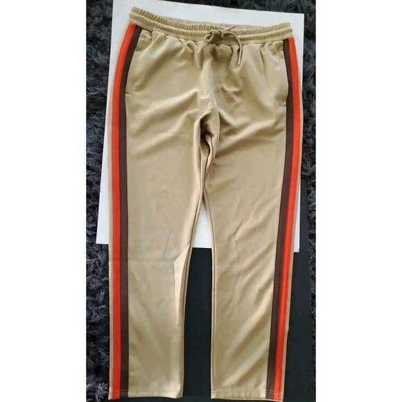 Jian Wang 2XL Men's 2 Pc Retro Zip Up Pockets Beige Striped Trim Track Suit - Picture 10 of 15